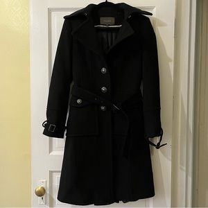 Tahari Black Wool and Nylon Belted Button-down Coat, Fully Lined, Size 4 US